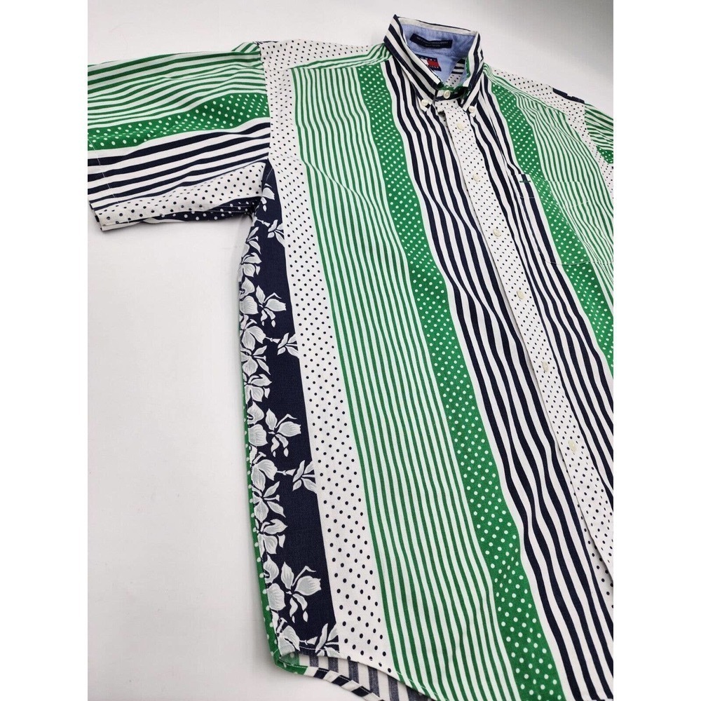 Tommy Hilfiger Polka Dot Striped Button Up Short Sleeve Floral Shirt Mens L VTG - Picture 5 of 10